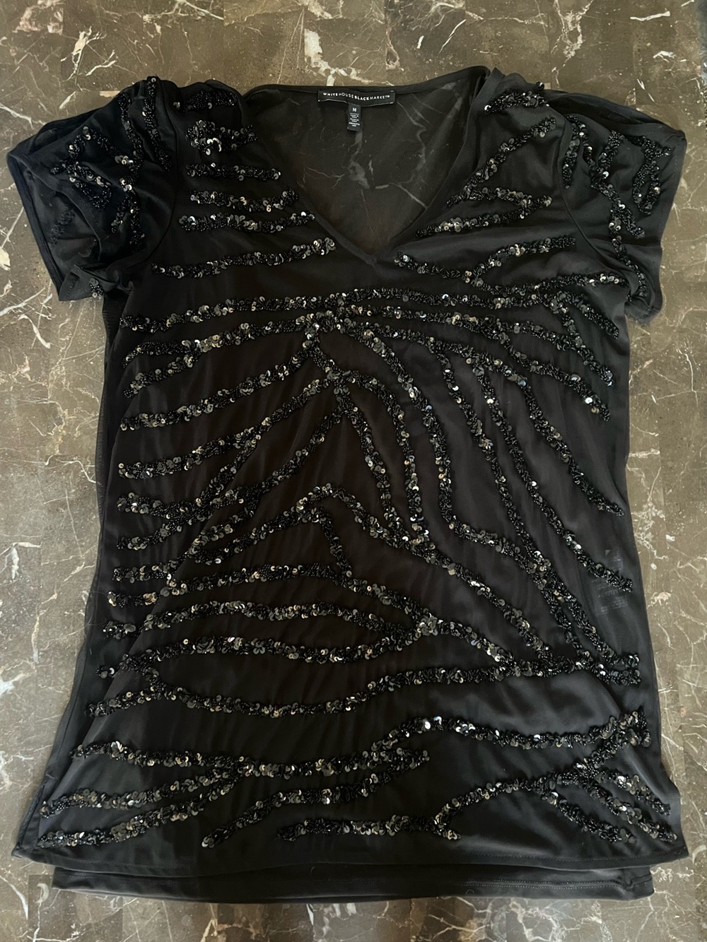 White House Black Market Black Sequin V-Neck Women's Top